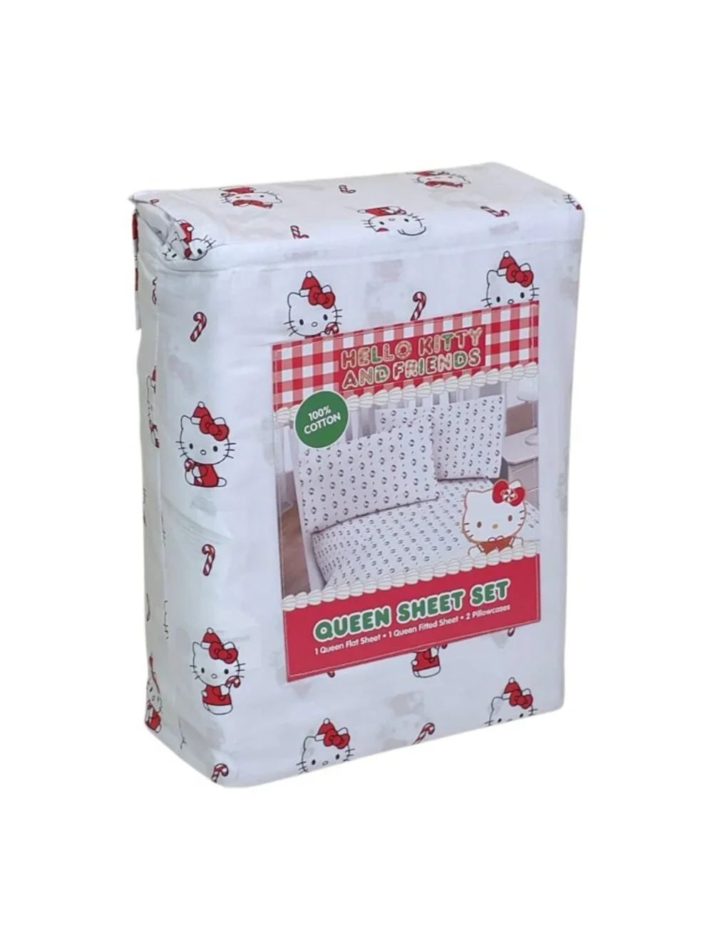 Hello Kitty & Friends Queen Sheet Set 100% Cotton Holiday Candy Canes Christmas